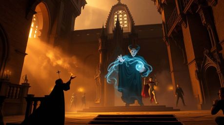A modern, grand epic scene depicting a classic Disney villain casting a spell in an old castle. The image features a massive