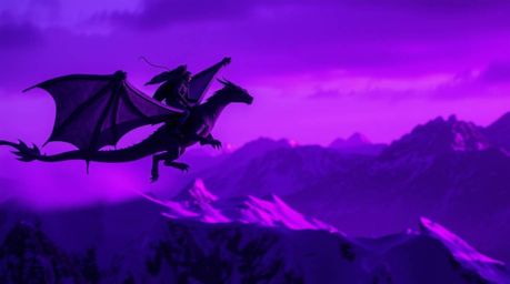 A breathtaking image depicting a dragon and its rider soaring above majestic icy mountains.  The scene is rendered in vivid p