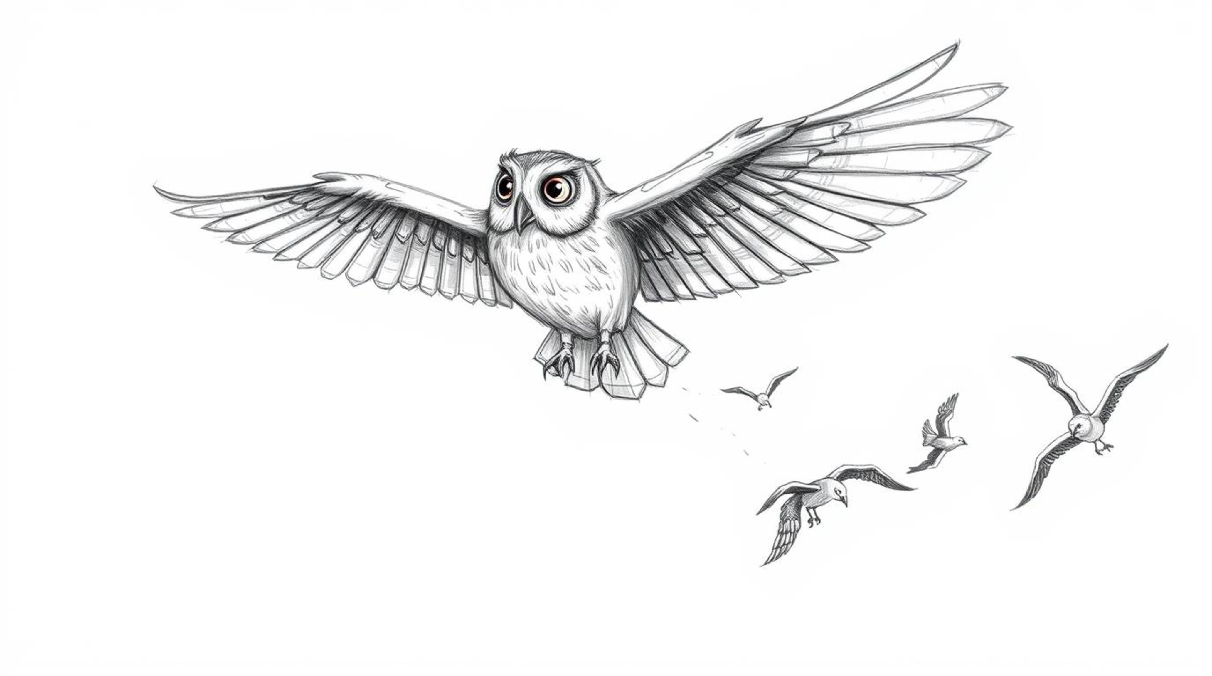 A heartwarming, hand-drawn sketch reminiscent of Pixar's signature style depicts a blind owl in mid-flight, guiding a flock o