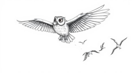 A heartwarming, hand-drawn sketch reminiscent of Pixar's signature style depicts a blind owl in mid-flight, guiding a flock o