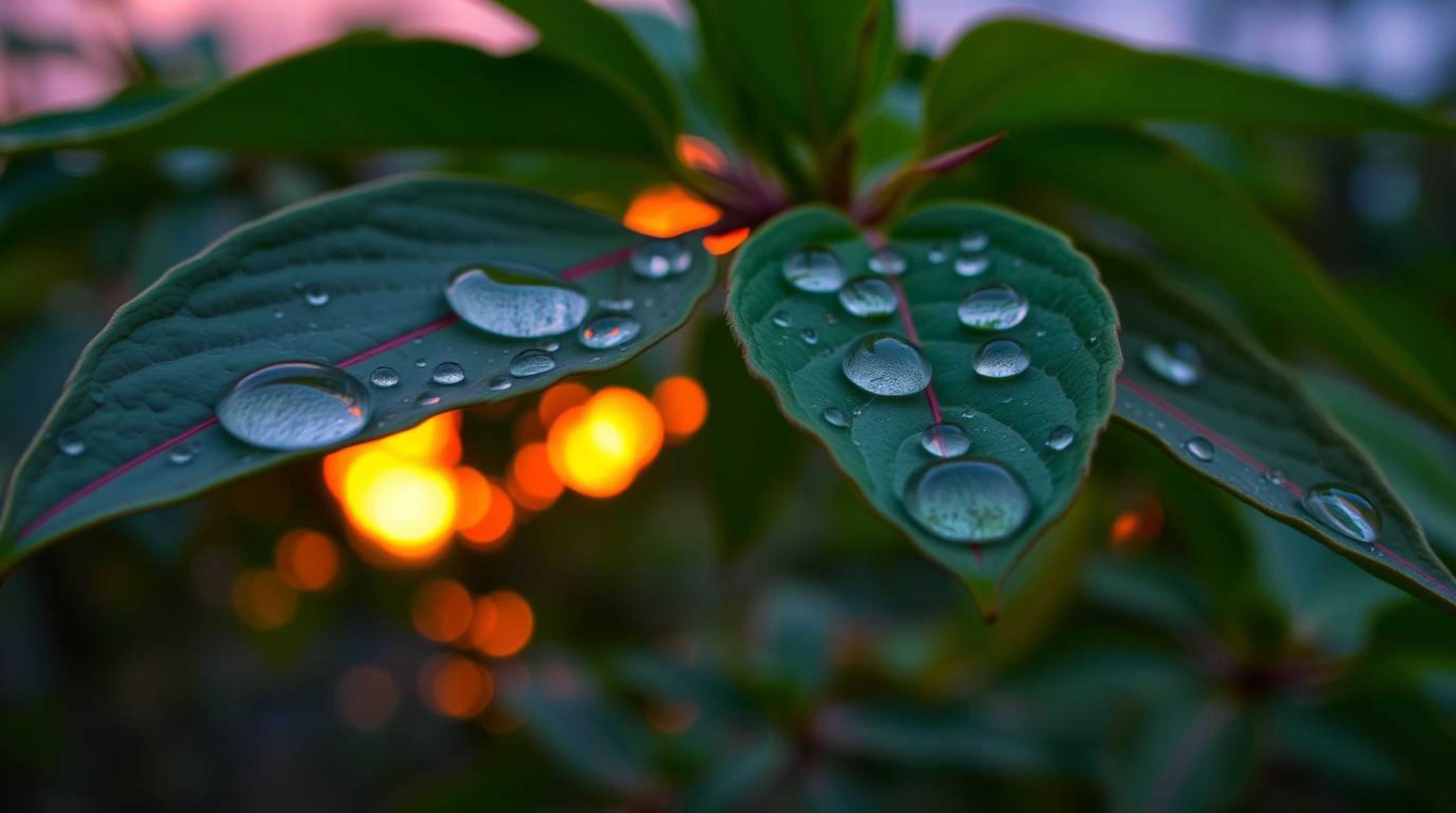This photograph captures a vibrant sunset reflecting in raindrops on leaves, showcasing a complementary color palette and bal