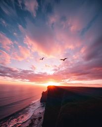 This is a dramatic, low-angle perspective of a sunset over a coastal cliff with soaring birds. The scene is overlaid with iri