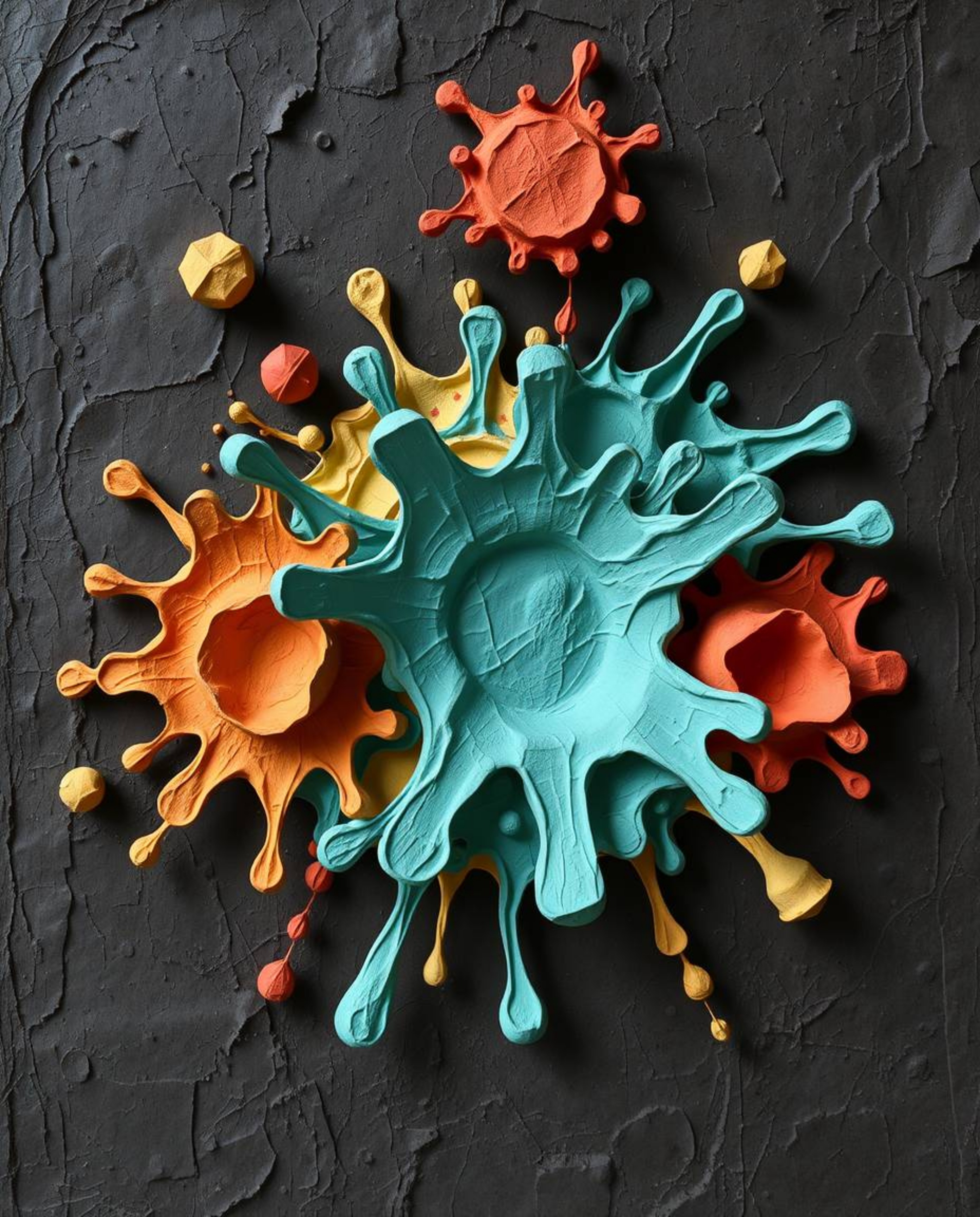 This artwork features a sculpted papier-mâché creation depicting abstract 3D colorful splash shapes seemingly floating in spa