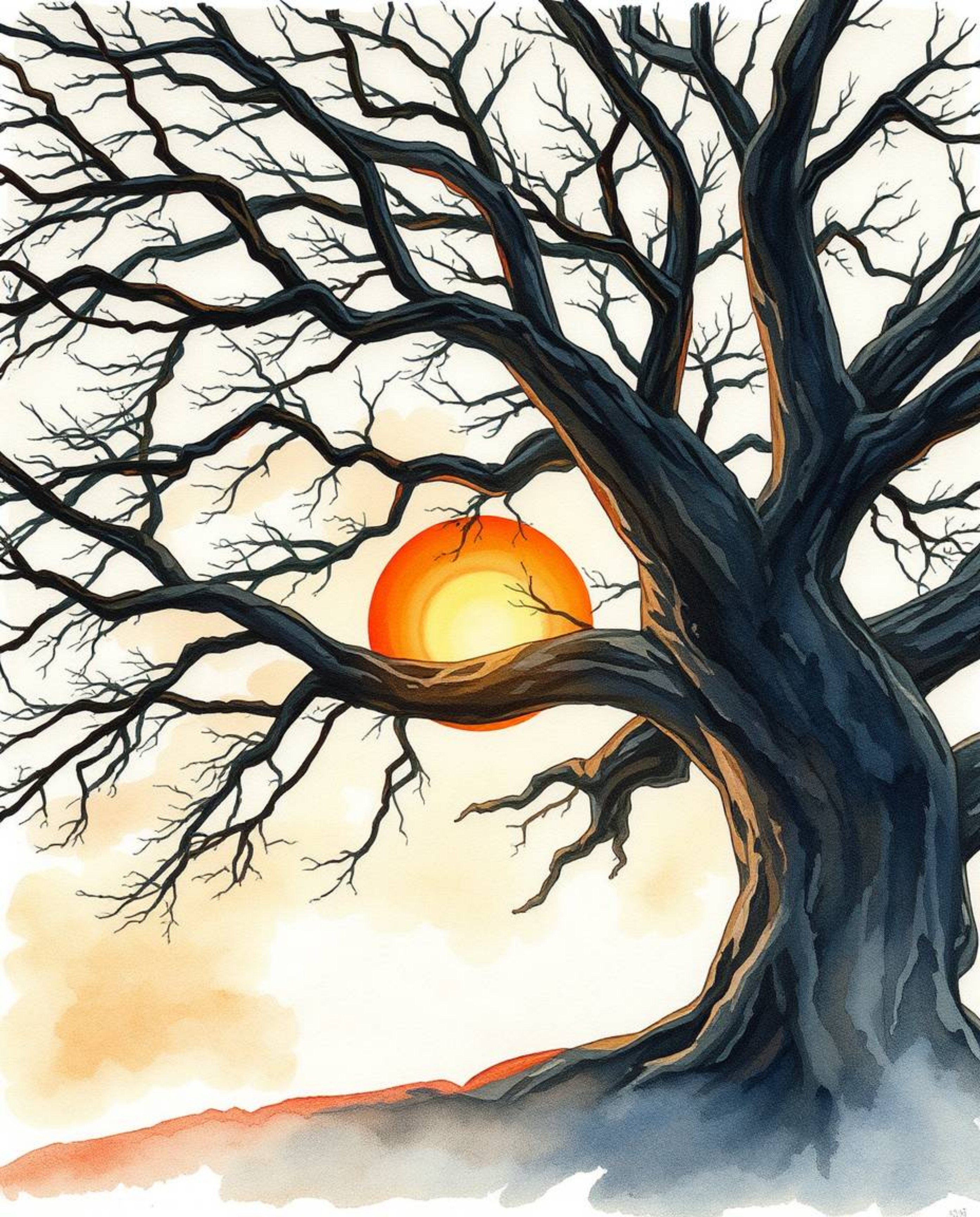 A delicate watercolor painting of a low-angle perspective of a sunset behind an old oak tree with twisted branches. The artis