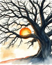 A delicate watercolor painting of a low-angle perspective of a sunset behind an old oak tree with twisted branches. The artis