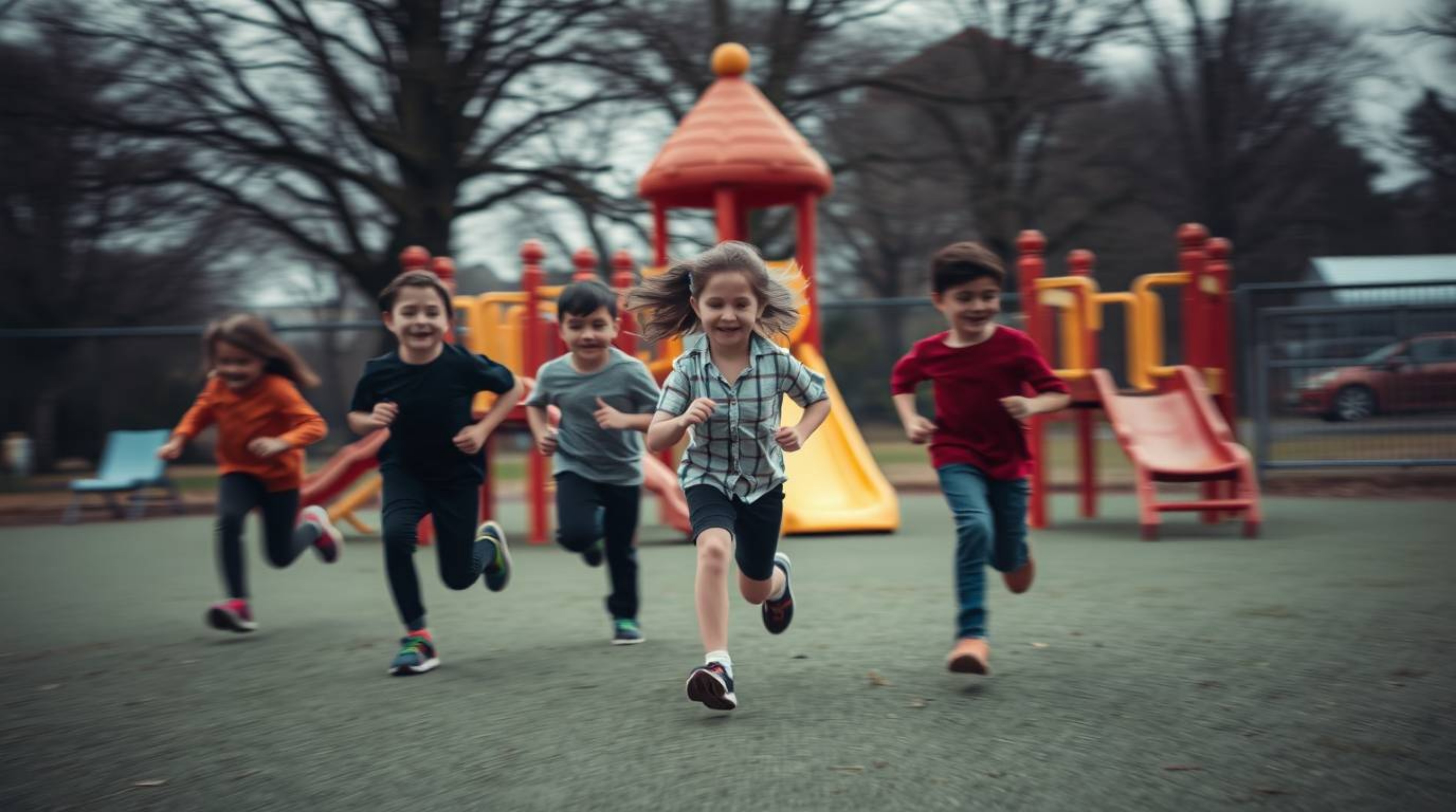 A professional photograph capturing a dramatic slow-motion run through a playground in an unusual fine art style. The image f