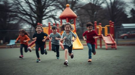 A professional photograph capturing a dramatic slow-motion run through a playground in an unusual fine art style. The image f
