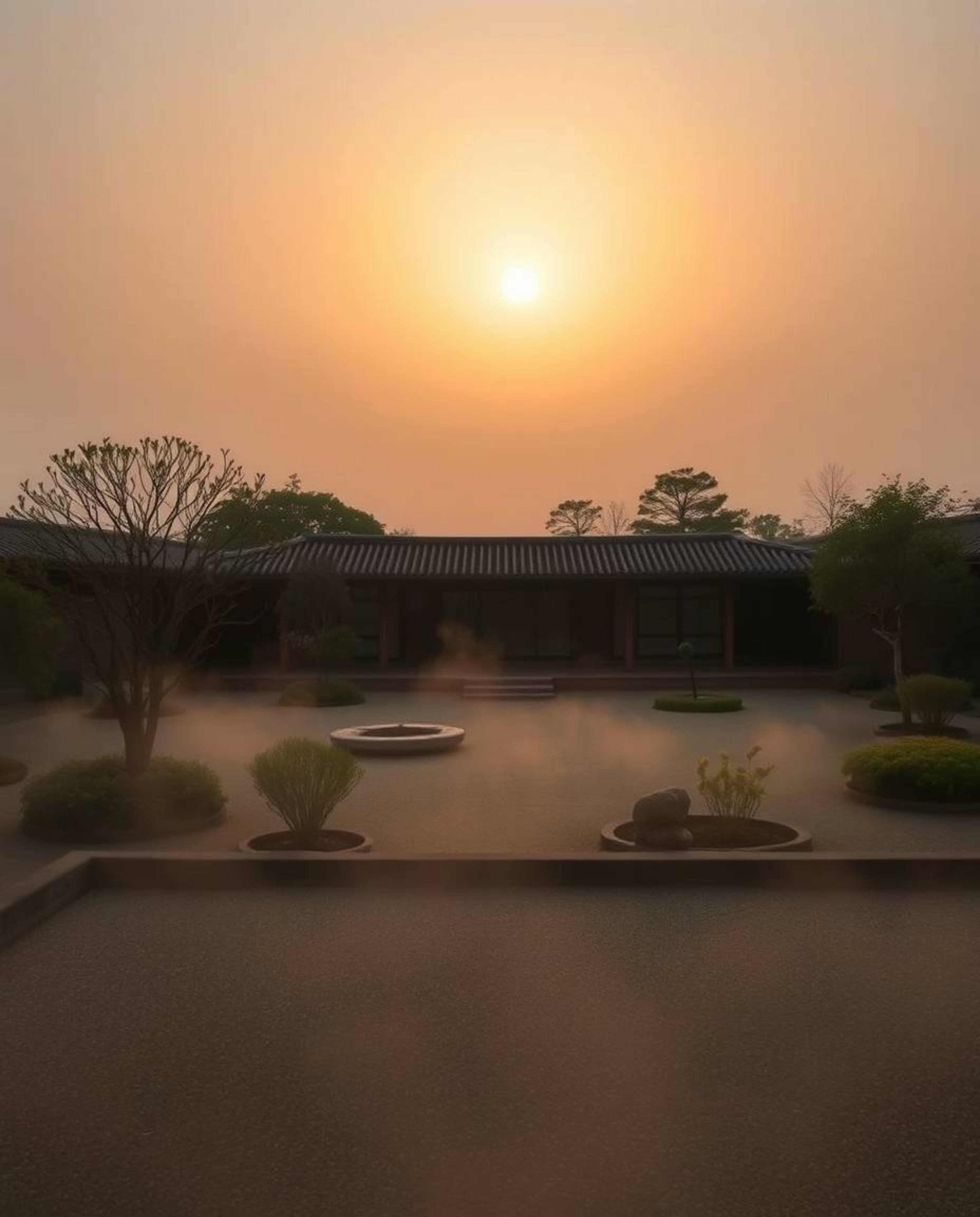 Immerse yourself in a dreamy photograph of a serene Zen garden at sunset. This captivating image is characterized by its hazy