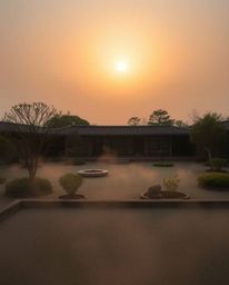 Immerse yourself in a dreamy photograph of a serene Zen garden at sunset. This captivating image is characterized by its hazy