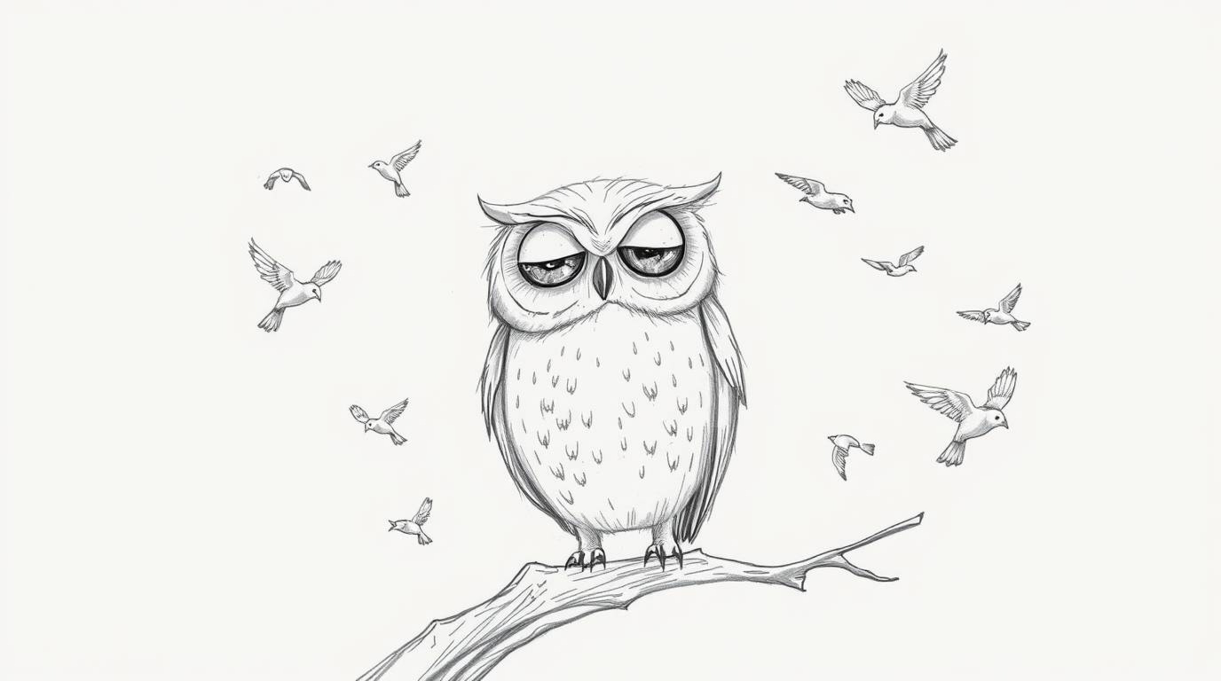 This artwork features a hand-drawn sketch in the style of Pixar, portraying a serene blind owl with large, expressive eyes.  