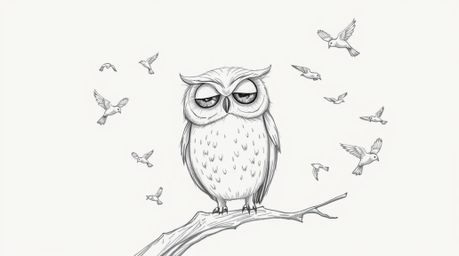 This artwork features a hand-drawn sketch in the style of Pixar, portraying a serene blind owl with large, expressive eyes.  