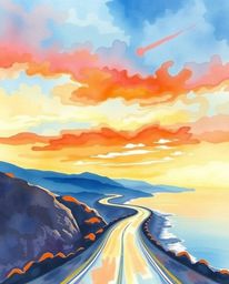 This is an iridescent watercolor painting depicting a sunset sky over a winding coastal highway. The artist skillfully uses t