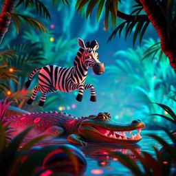 Immerse yourself in a vibrant, bioluminescent jungle scene featuring a playful 3D cartoon zebra leaping from a crocodile. Thi