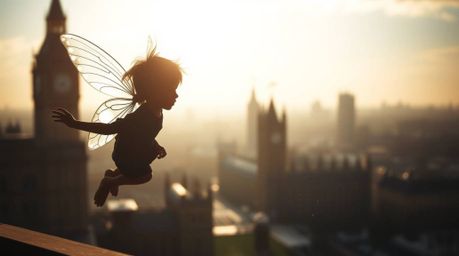 A silhouetted young boy with slightly blurred wings soars above London, propelled by pixie dust. The backlighting creates a s