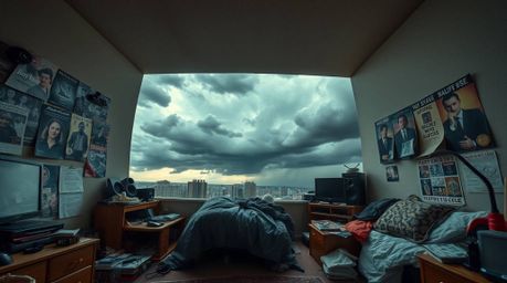 A captivating image showcasing a messy bedroom filled with unusual gadgets and posters, set against a dramatic backdrop of st