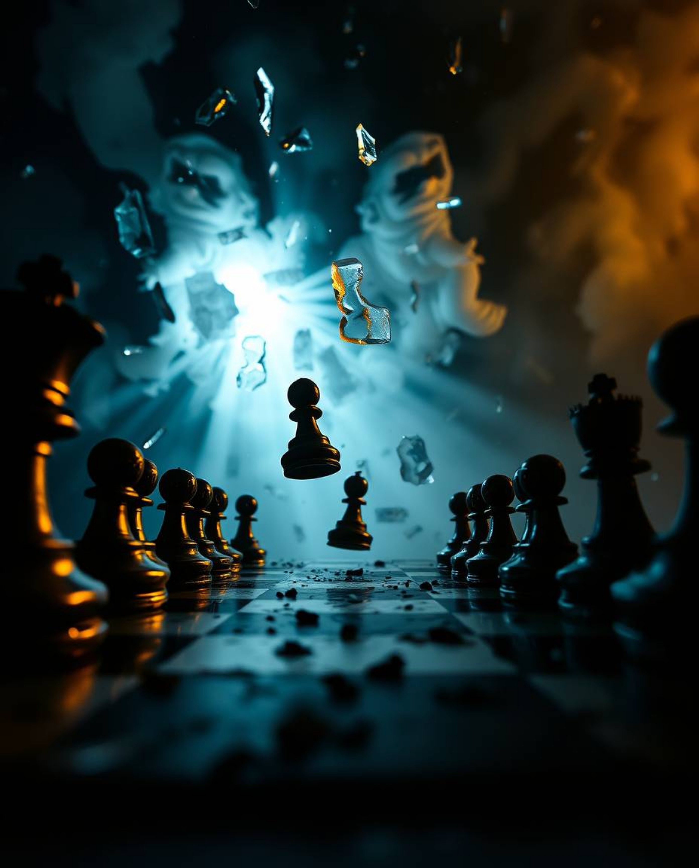 A captivating image depicting a chessboard frozen in time, with pieces suspended mid-air in a dramatic scene of destruction. 