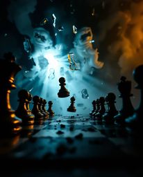 A captivating image depicting a chessboard frozen in time, with pieces suspended mid-air in a dramatic scene of destruction. 