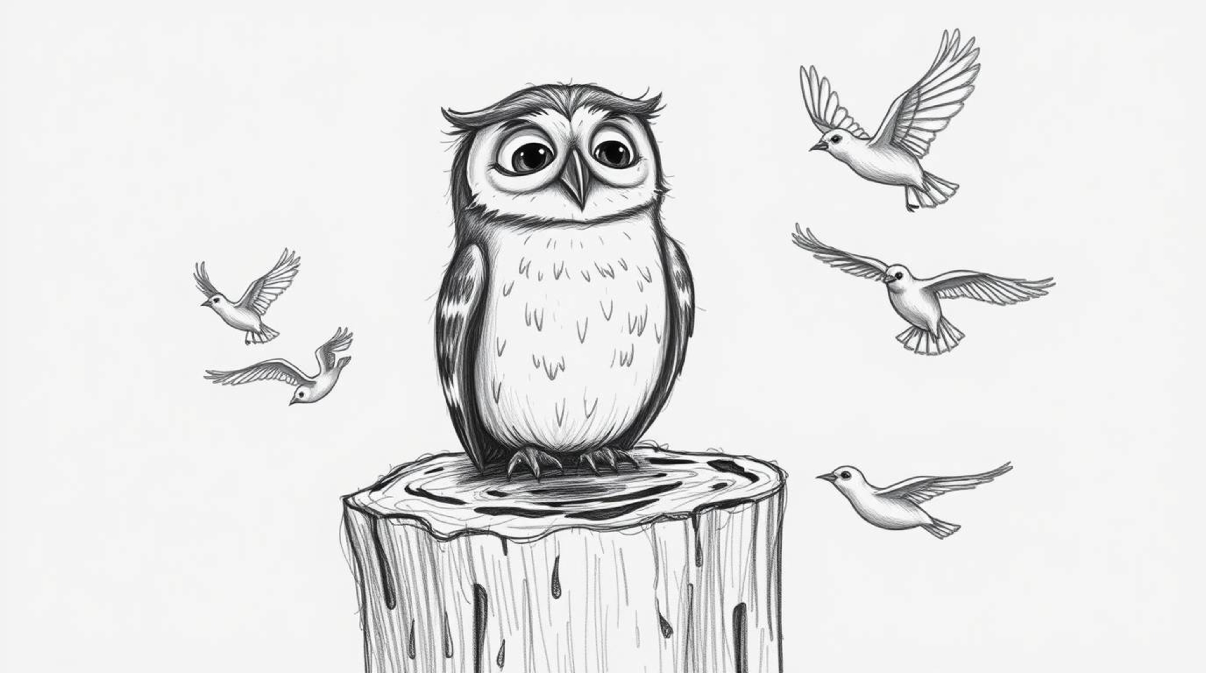A heartwarming Pixar-style pencil sketch depicts a blind owl with a contented expression, perched on a rustic tree stump.  Bi