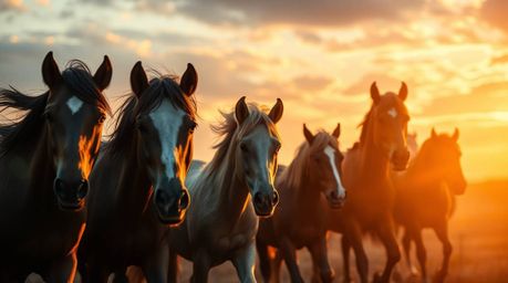 Witness the breathtaking spectacle of a herd of wild horses galloping beneath a sky bathed in the gentle, flickering light of