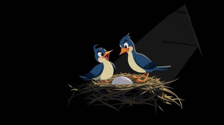 A captivating illustration showcases two cartoon birds diligently constructing their nest, rendered in a classic animation st