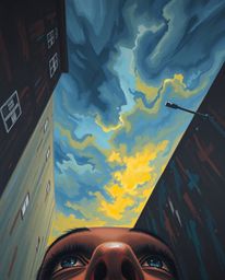 A bold acrylic painting presented from a low angle perspective, capturing the intense drama of eyes watching from the shadows
