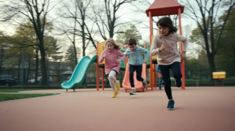 Experience a dramatic slow-motion run through a playground in a captivating close-up shot.  The gentle, soothing aesthetic is