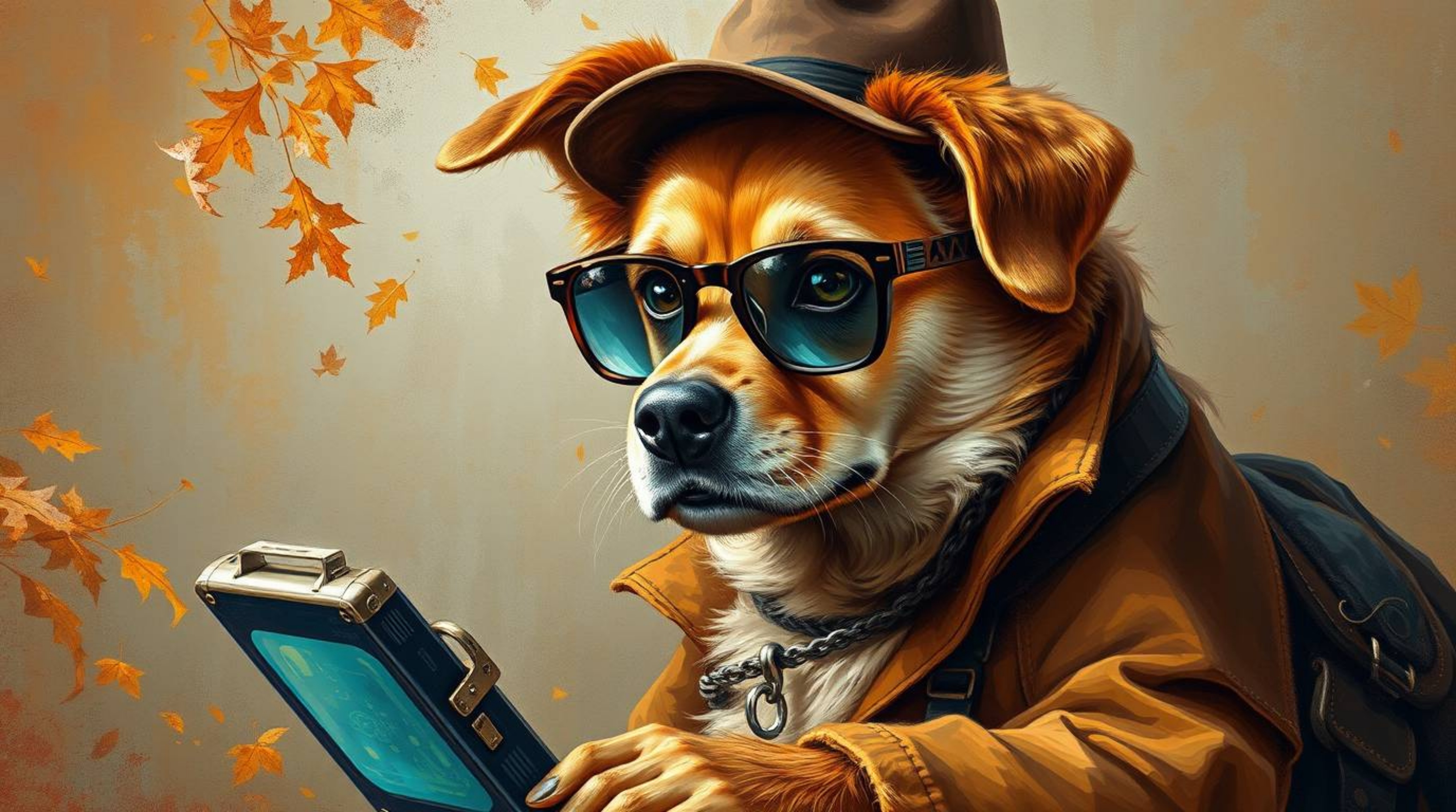 Discover a captivating oil painting depicting a dog detective utilizing high-tech gadgets.  The artwork features warm autumna