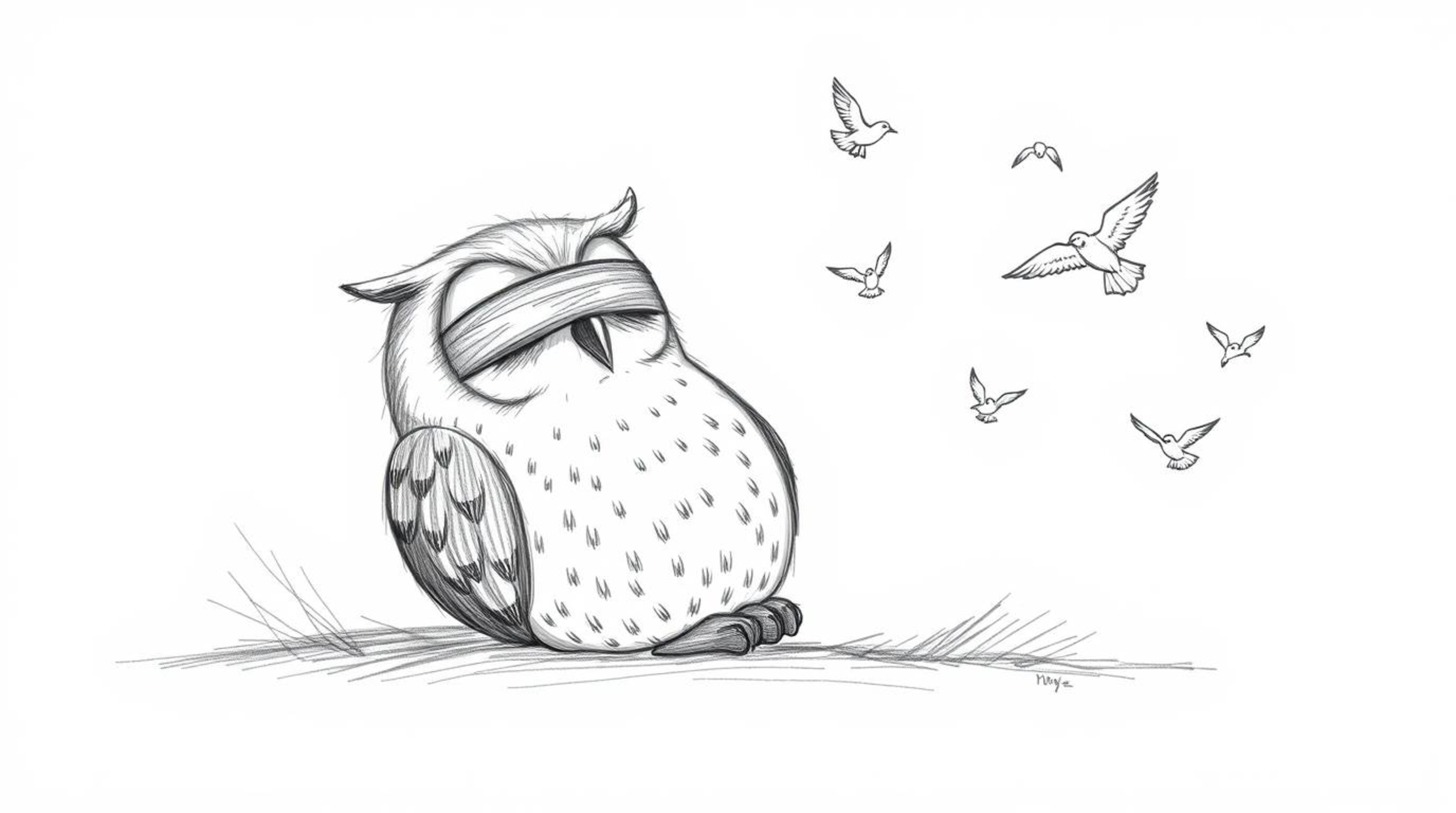 A whimsical, hand-drawn sketch in Pixar style depicts a blind owl resting serenely as small birds fly around him in joyful ci