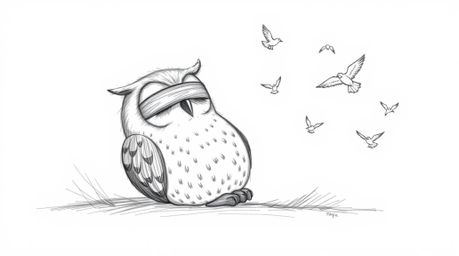 A whimsical, hand-drawn sketch in Pixar style depicts a blind owl resting serenely as small birds fly around him in joyful ci
