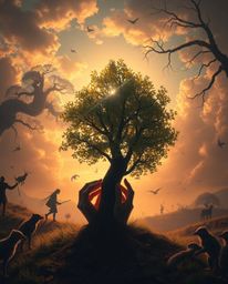 A dreamlike and surreal digital painting captures the essence of hands delicately planting a tree during the magical golden h