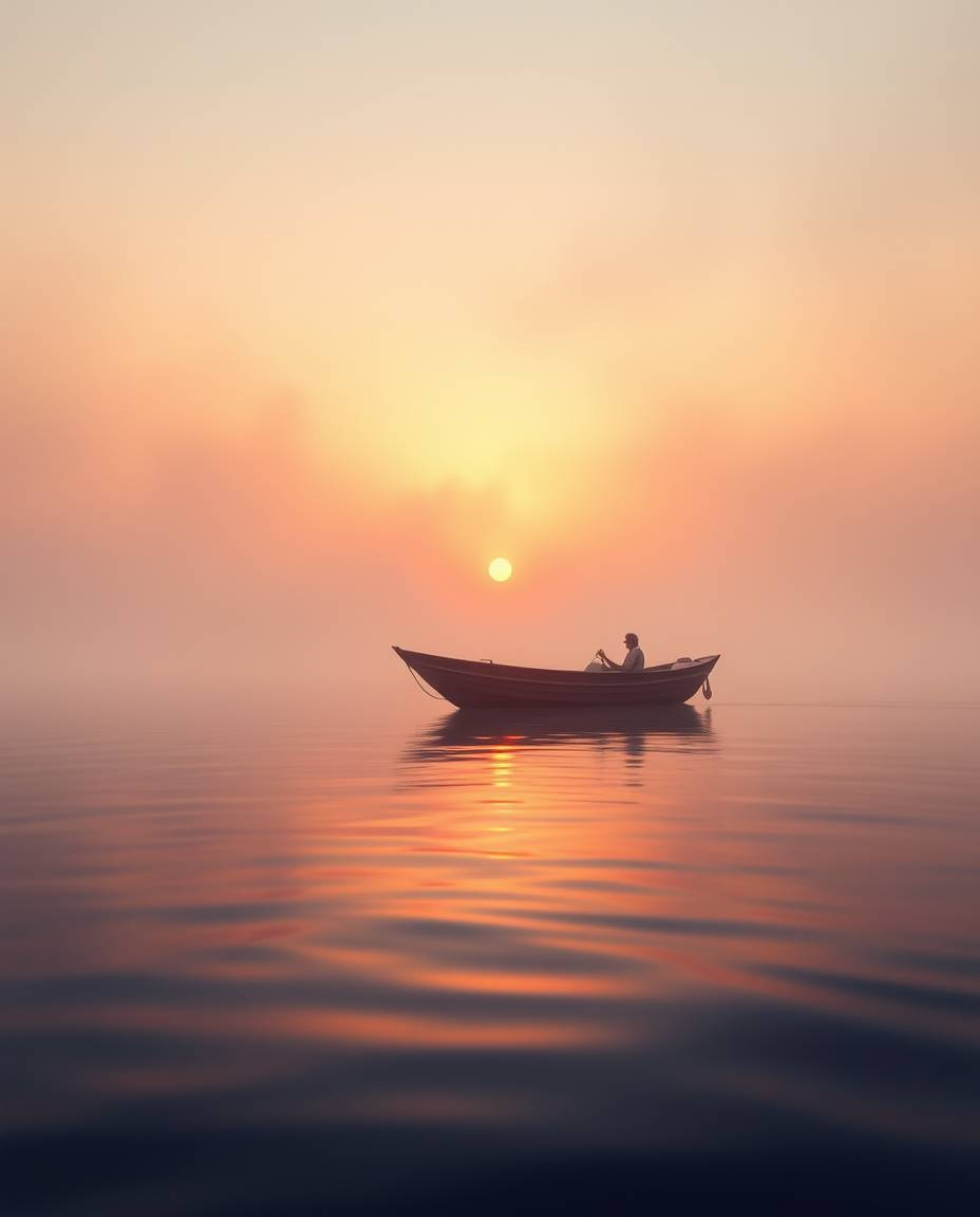 A cinematic painting portrays a graceful, elegant boat drifting on a hazy sunset lake. The artist employs a soft focus, which
