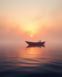 A cinematic painting portrays a graceful, elegant boat drifting on a hazy sunset lake. The artist employs a soft focus, which