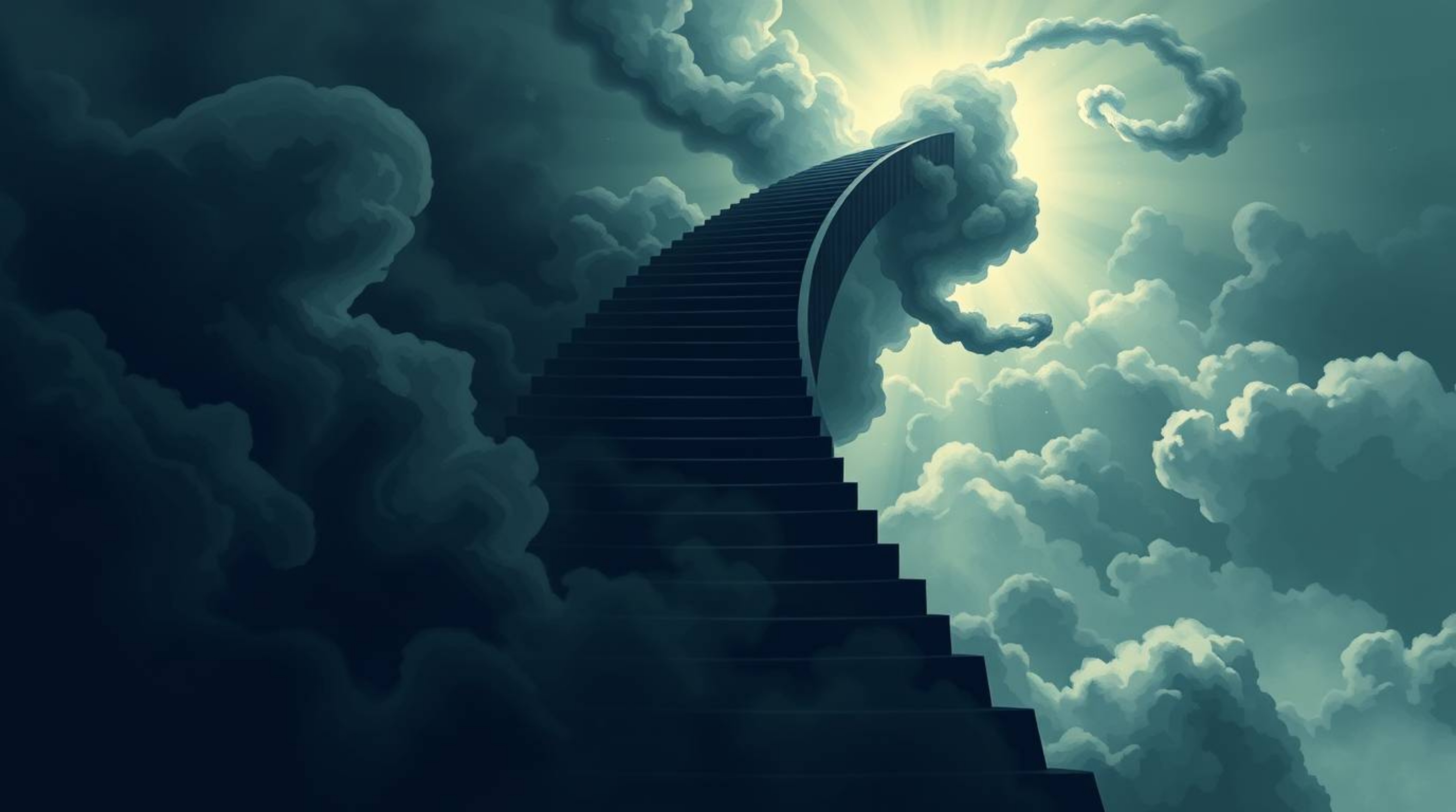 A captivating illustration depicts a winding stairway crafted from ethereal smoke and light, ascending into a vast, cloudy sk