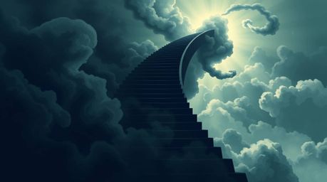 A captivating illustration depicts a winding stairway crafted from ethereal smoke and light, ascending into a vast, cloudy sk