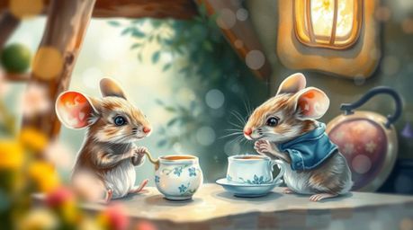 A charming watercolor painting depicts anthropomorphic mice enjoying a tea party in a cozy cottage. The image features a blu