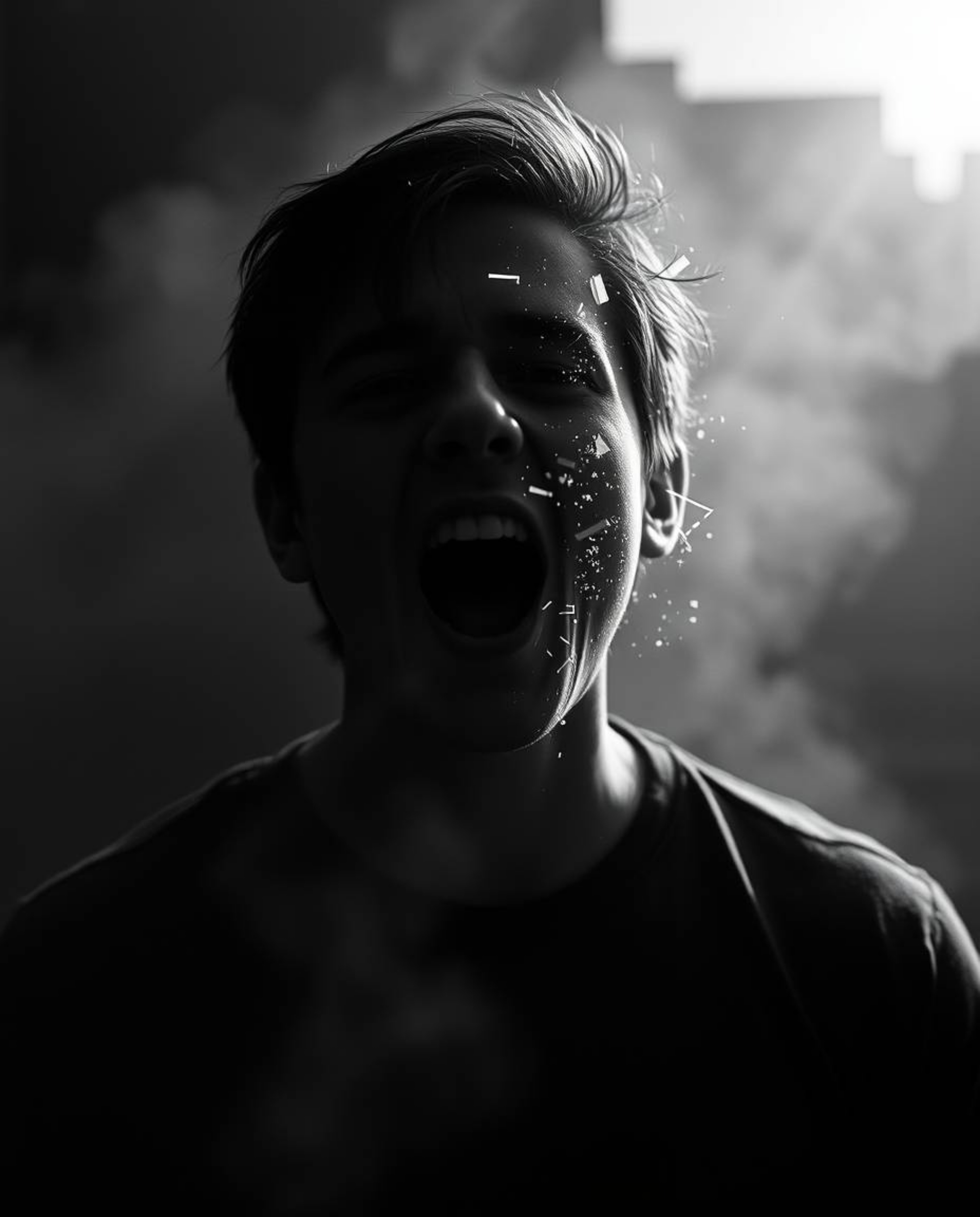 A chilling black and white image captures a person engulfed in a distorted scream as their reality shatters into pixels. Volu