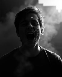 A chilling black and white image captures a person engulfed in a distorted scream as their reality shatters into pixels. Volu