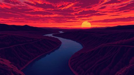 Experience the sophisticated elegance of a high-angle illustration depicting a winding river glowing under a dramatic orange-