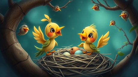 Experience a dreamlike and surreal scene featuring two adorable cartoon birds diligently building a nest. Crafted in a classi