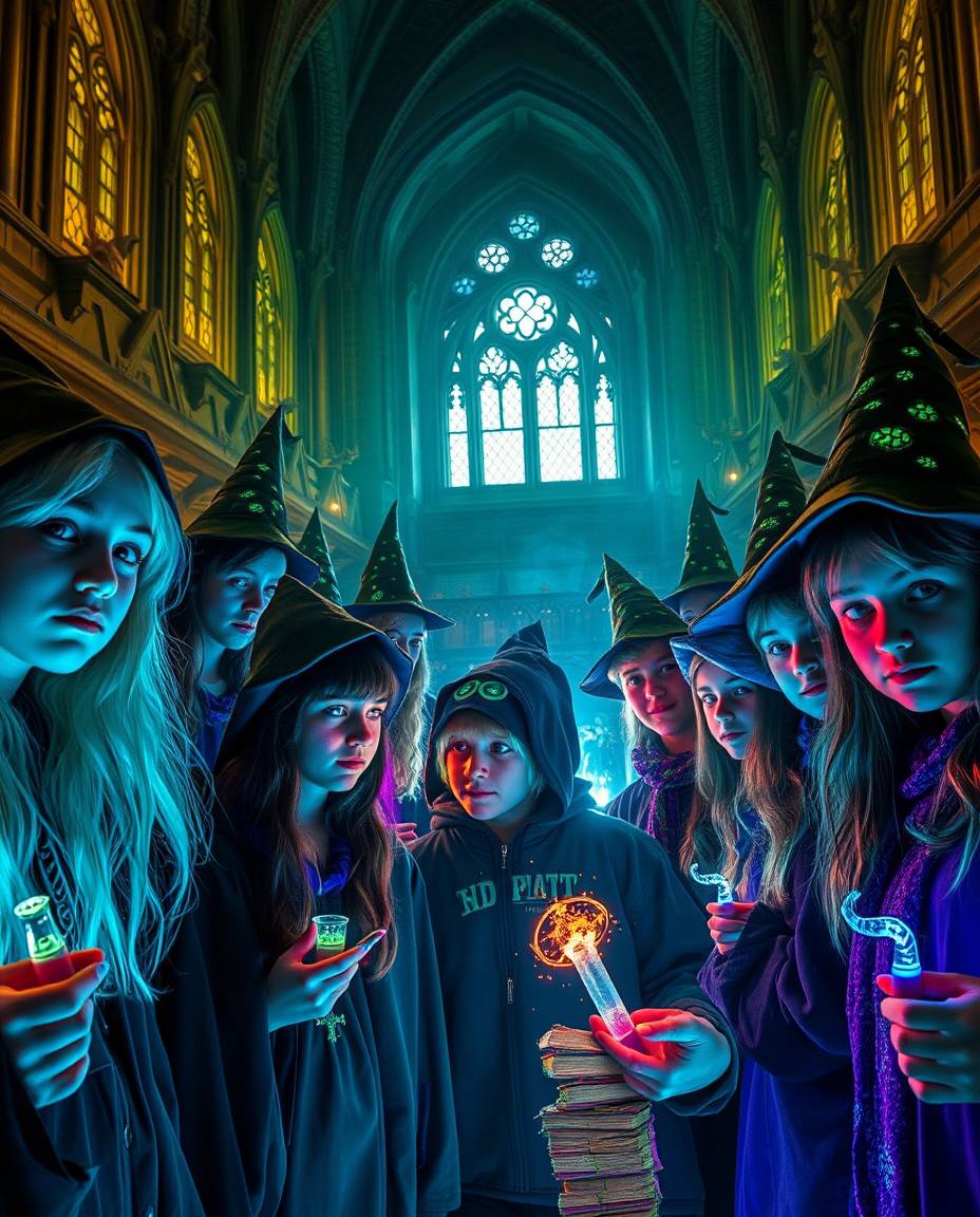 Explore a magical school teeming with young wizards, bathed in glowing bioluminescent colors. This vibrant scene showcases de