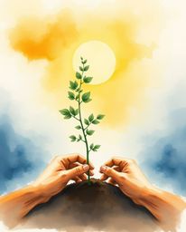 A delicate watercolor painting depicting hands planting a tree beneath a radiant golden sky. The background is obscured by a 