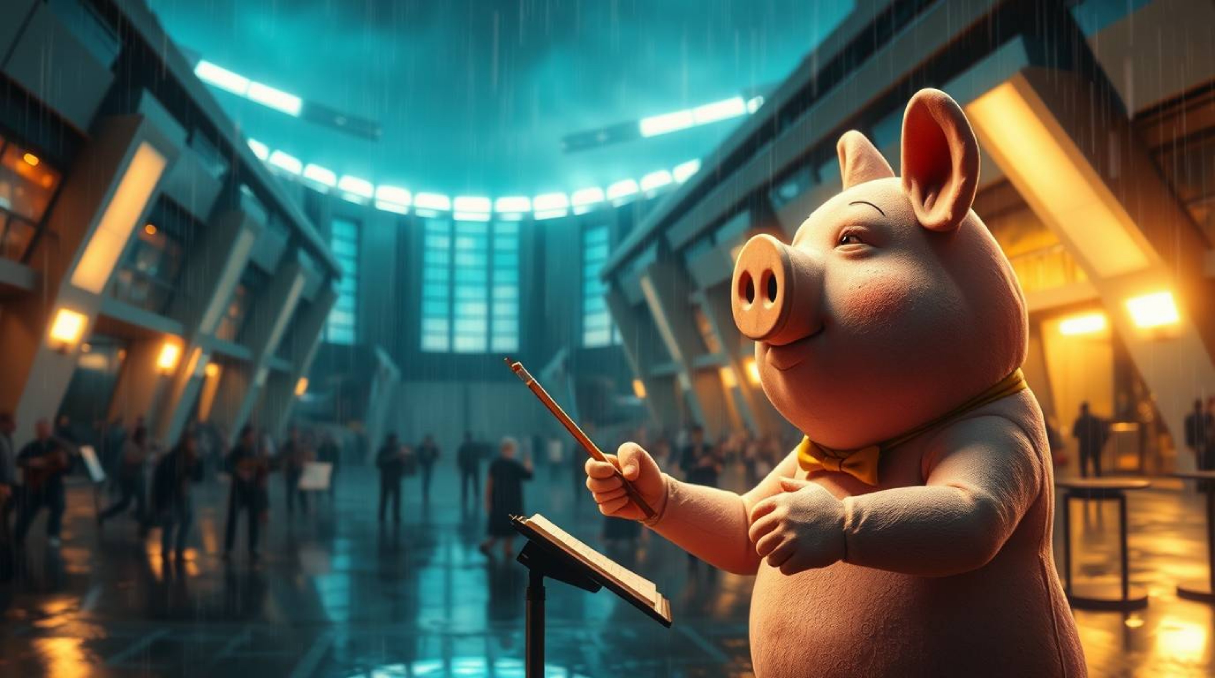 An epic and grand scene unfolds, portraying a pig character leading an orchestra amidst a wet and rainy night. Modern, futuri