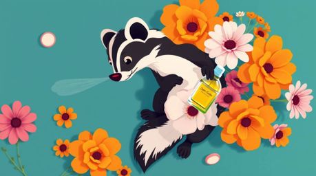 An overhead view showcasing a cartoon skunk playfully spraying perfume onto a vibrant arrangement of flowers. The artwork uti