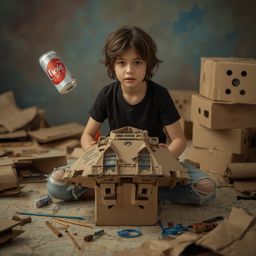 Exquisite high-fashion photography captures a young boy with messy brown hair building a functional cardboard spaceship.  The