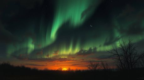 A captivating digital painting depicting the eerie beauty of the Northern Lights emerging over a warm autumn sunset.  The art