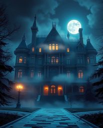 An epic scene showcases a massive, futuristic Victorian mansion shrouded in fog, illuminated by the soft glow of moonlight. T