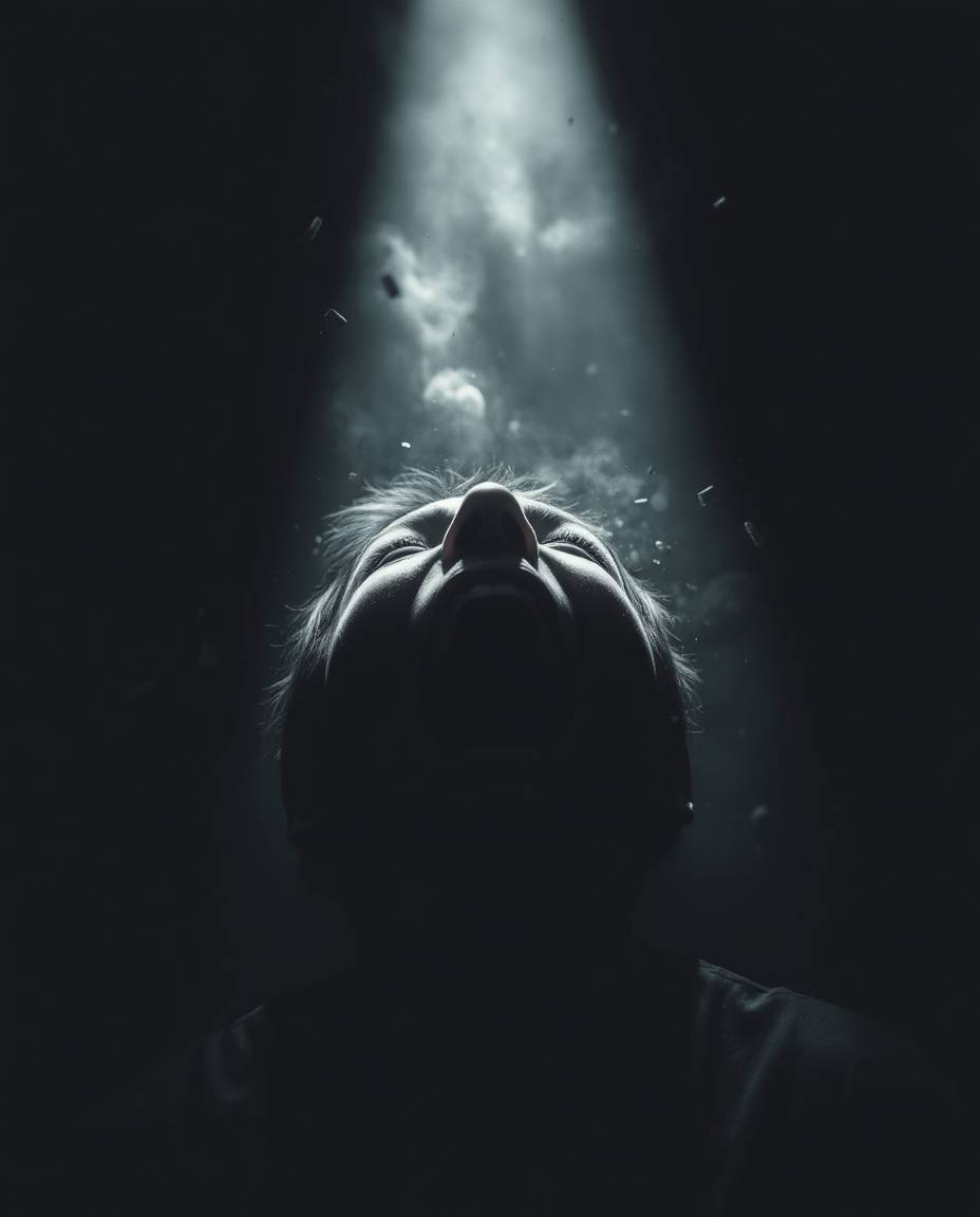 A dramatic, high-contrast image depicts a person screaming in terror as the world around them crumbles into pixelated chaos. 
