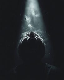 A dramatic, high-contrast image depicts a person screaming in terror as the world around them crumbles into pixelated chaos. 