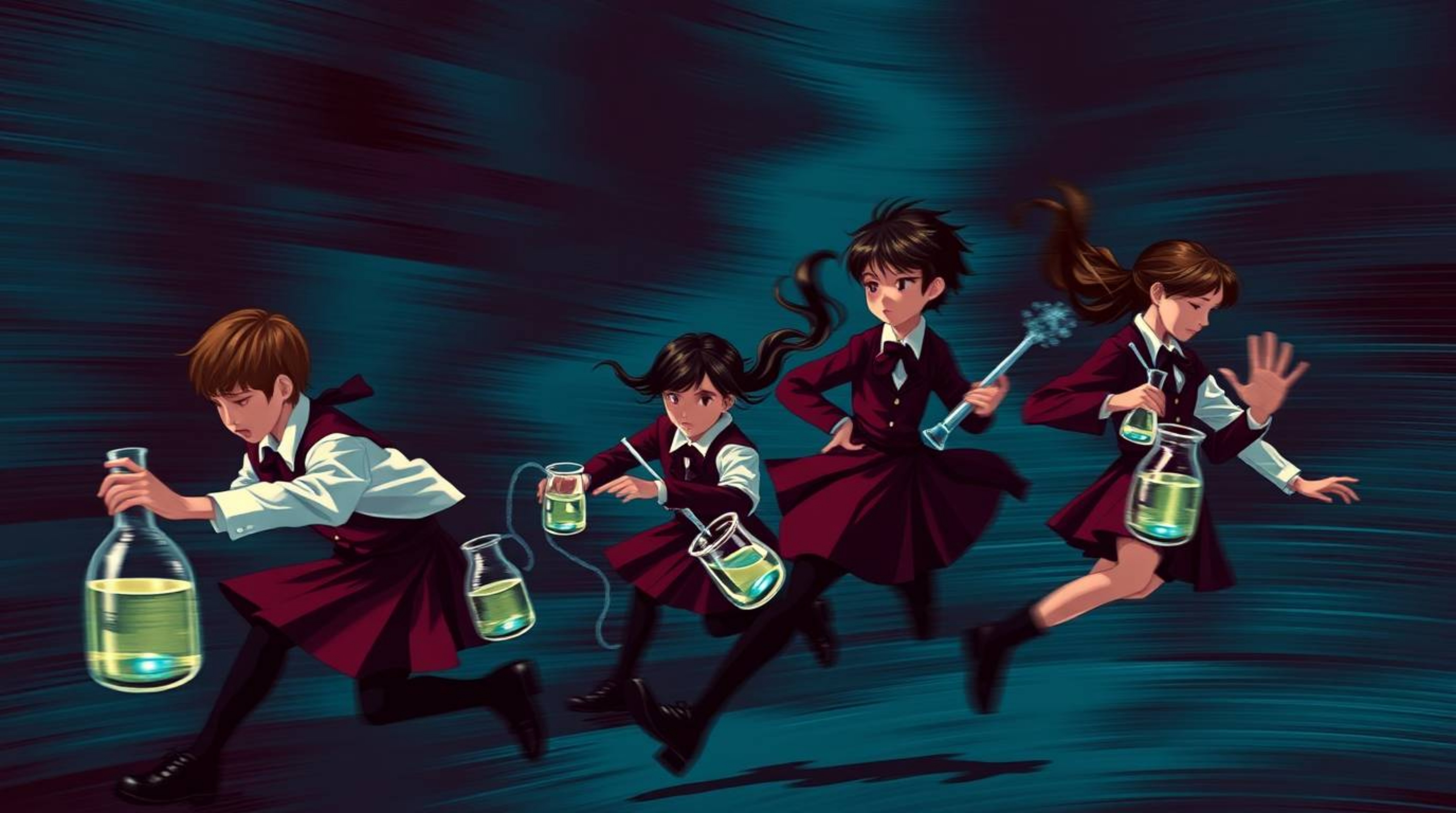 A captivating illustration showcases a group of quirky children in school uniforms conducting exciting science experiments.  