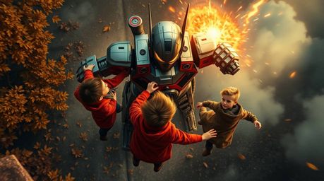 Experience the high-tension drama of three superpowered children battling a formidable robot amidst a vibrant autumn storm. T